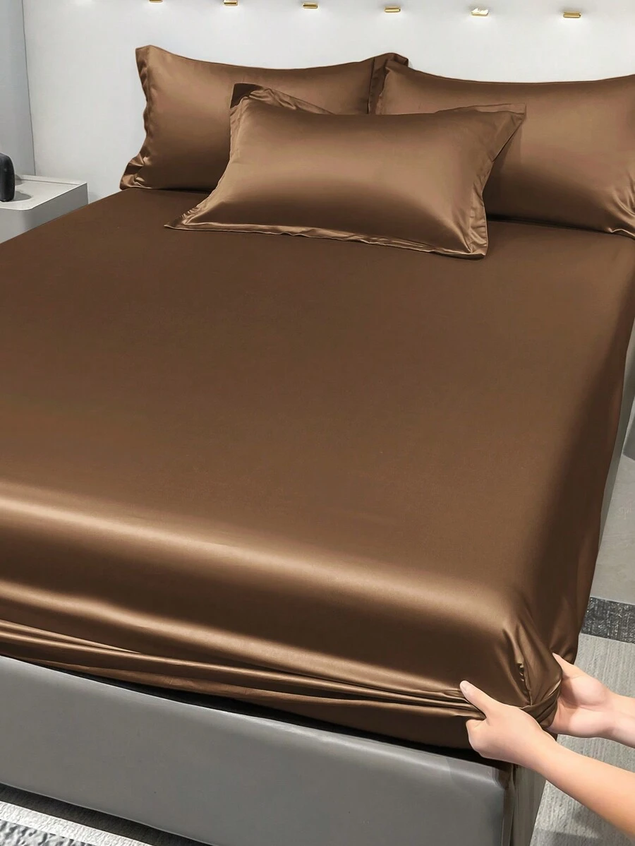 1pc Satin Solid Color Fitted Sheet, Deep Coffee Color Ice Silk Bed Cover, Bedding Set