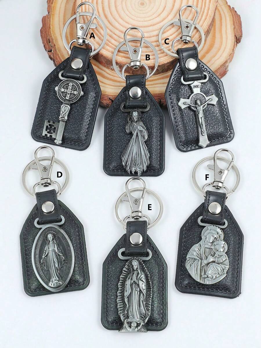 1 Peça Pingente De Carro Com Cruz De Nossa Senhora De Metal Vintage Personalizado & Pu Material Com Anel De Gancho Para Chaves