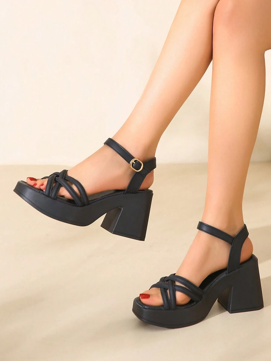 Women's Platform Thick Heel Sandals, Large Size Block Heel Strap Sandals, Fashion Versatile High Heel Square Toe Increased Height Black Sandals For Summer