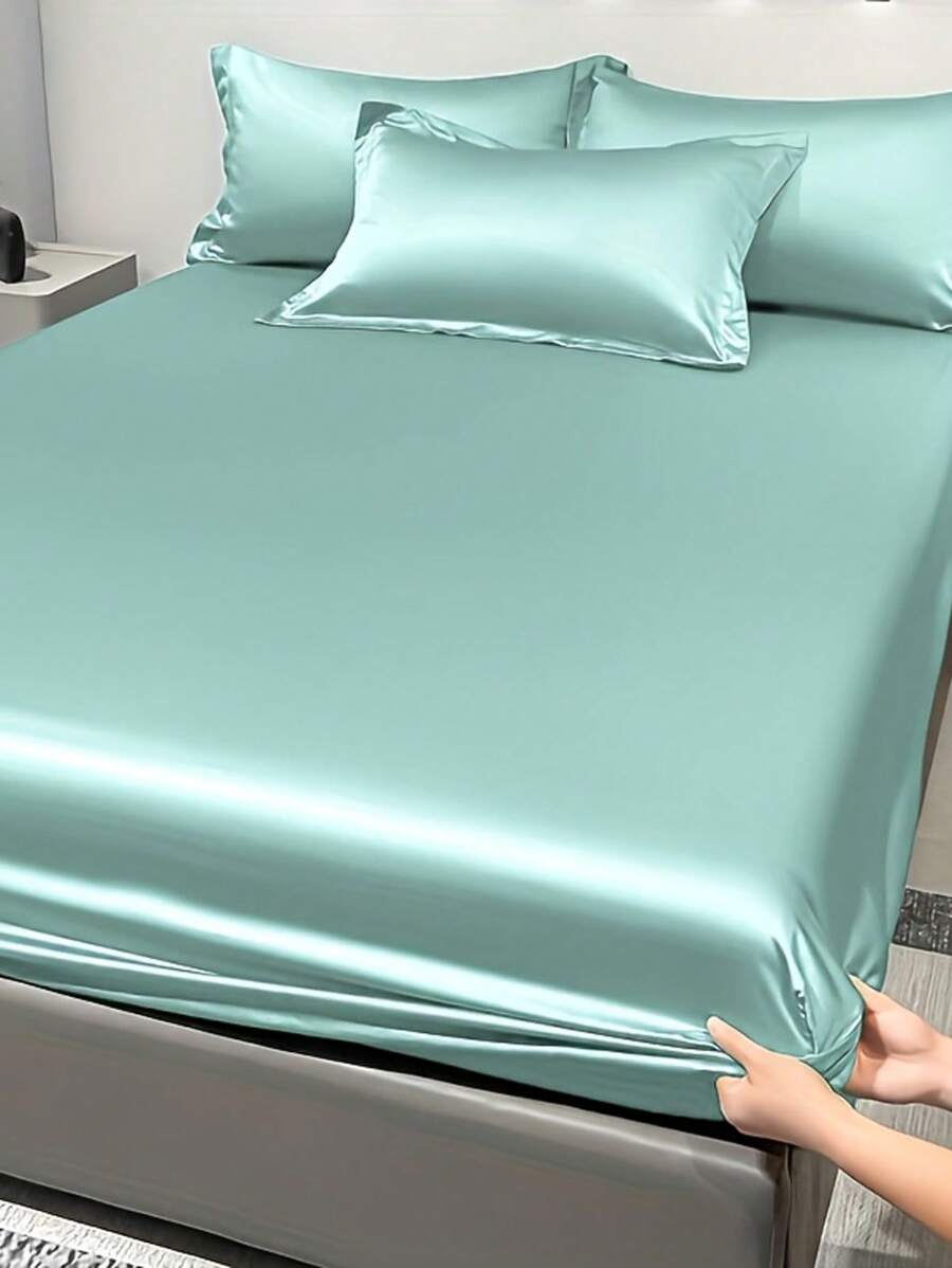 1pc Satin Solid Color Fitted Sheet, Bedroom Use Sea Green Ice Silk Bed Cover, Bedding Set