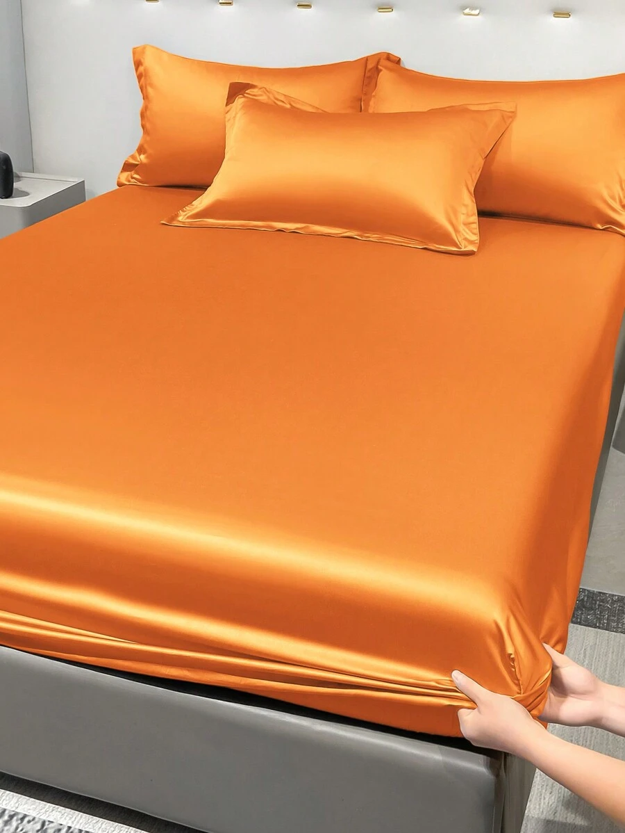1pc Satin Plain Fitted Sheet And 1pc Orange Ice Silk Bed Cover For Bedroom, Bedding Set
