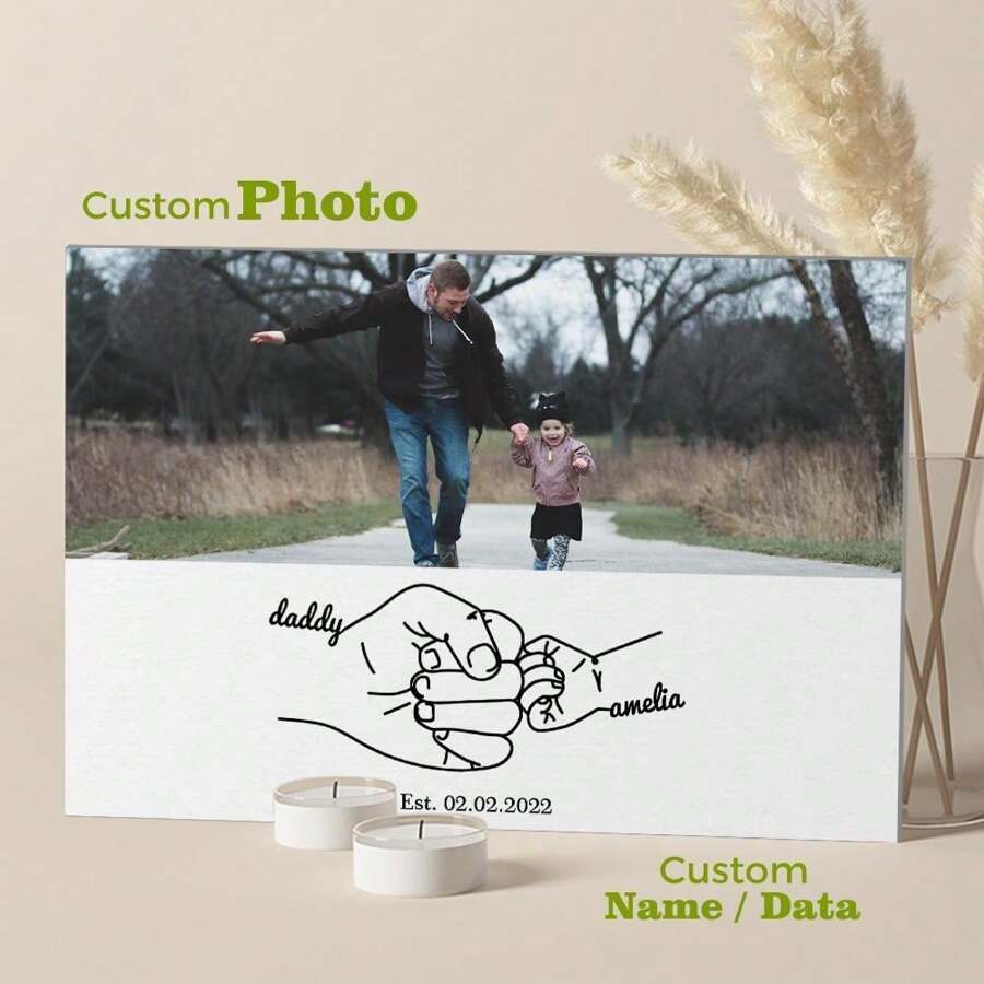 1pc Canvas Wall Art With Custom Photo, Kid's Name And Date Daddy And Me Hand Drawn Fist Bump Design Father's Day Gift Funny Birthday Gift For Dad From Daughter Son Modern Artwork Painting Framed 4 Sizes Optional Canvas For Living Room Bedroom Bathroom Dinning Room Home Office Wall Decor Gifts Graduation