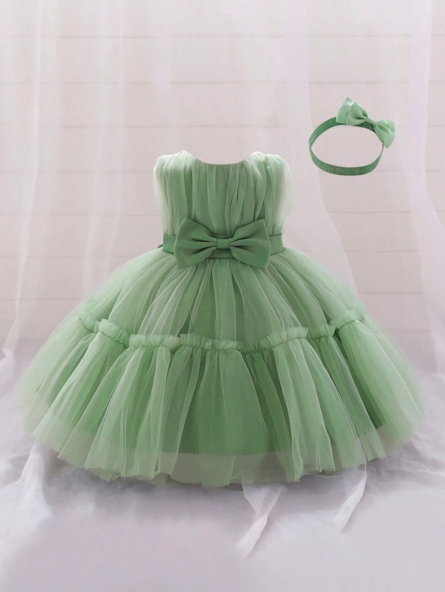Vestido de gasa y satén de unicolor con decoración de mariposas en la cintura para niña joven, ropa formal hermosa y elegante con adorno para el cabello incluido como regalo
