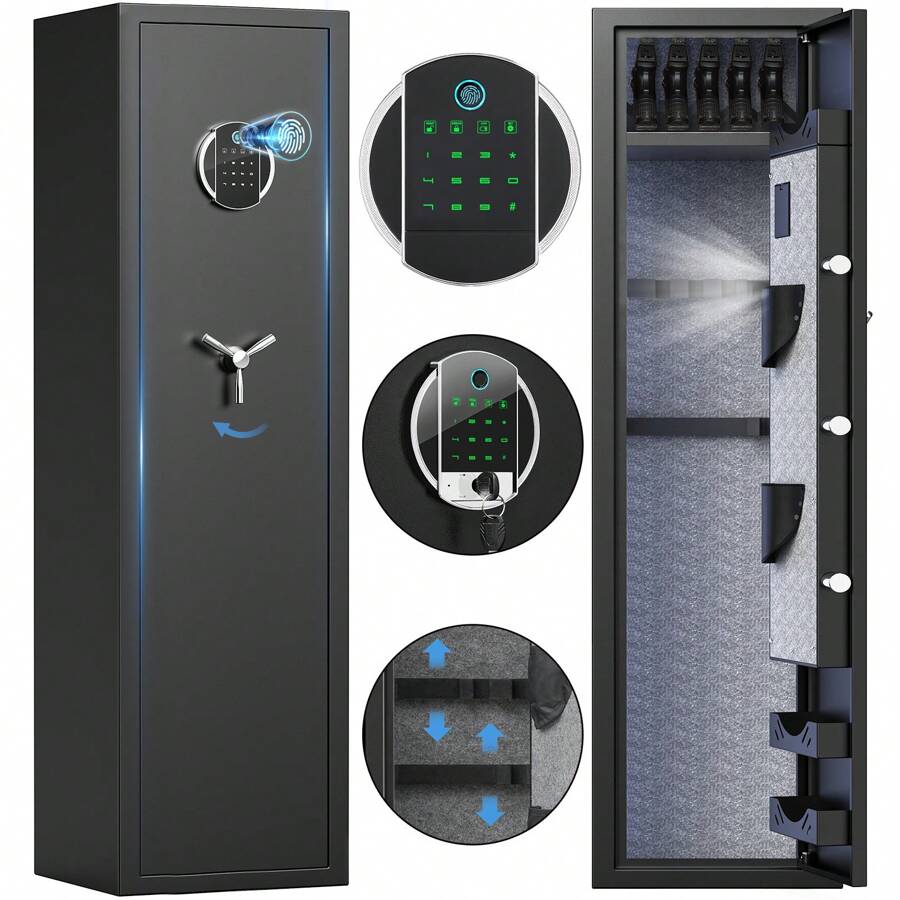 Kavey Biometic Fingerprint Gun Safe Cabinet, Safe For Rifles And Shotguns Quick Access 3-5 Gun Cabinet With Fingerprint Lock And Pistol Lock Box, Backlit Keypad