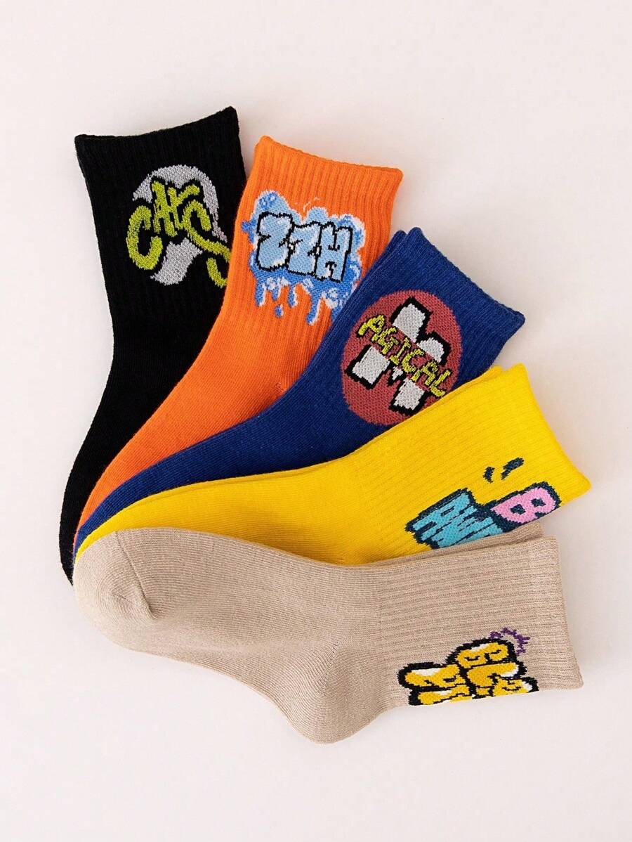 Conjunto De 5 Pares De Meias Esportivas De Desenhos Animados E Graffiti Com Letras Para Meninos, Confortáveis e Versáteis, Adequadas Para Uso Diário
