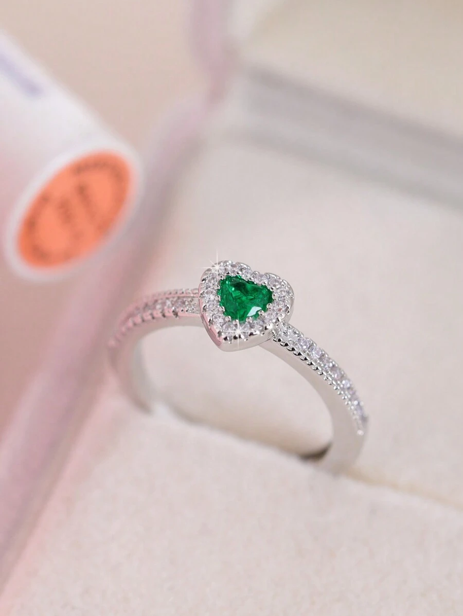 CVNANA 1 pieza Anillo de plata con cubic zirconia con forma de corazón, regalo de joyería para mujeres, sin caja