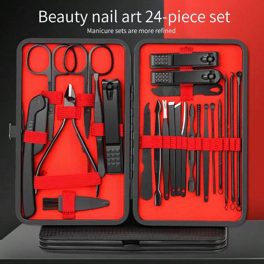 24 Stücke/ 18 Stücke/ 16 Stücke/ 12 Stücke/ 10 Stücke/ 7 Stücke/ 4 Stücke Schwarz Edelstahl Maniküre Werkzeug Set Inklusive Nagel Clipper Und Schneider