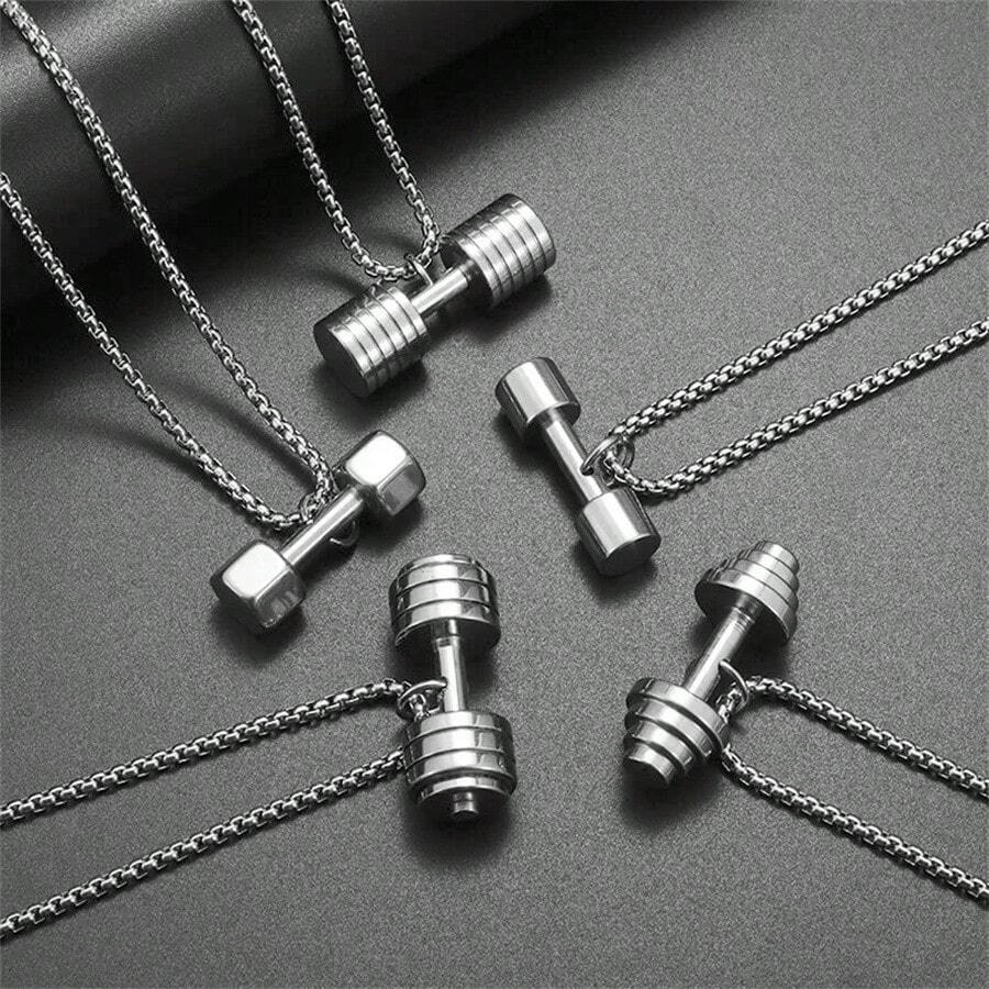 SeuSuk 1pc Unisex Stainless Steel Gym Weightlifting Barbell & Dumbbell Pendant Necklace, Punk Hip Hop Fitness Sport Accessory