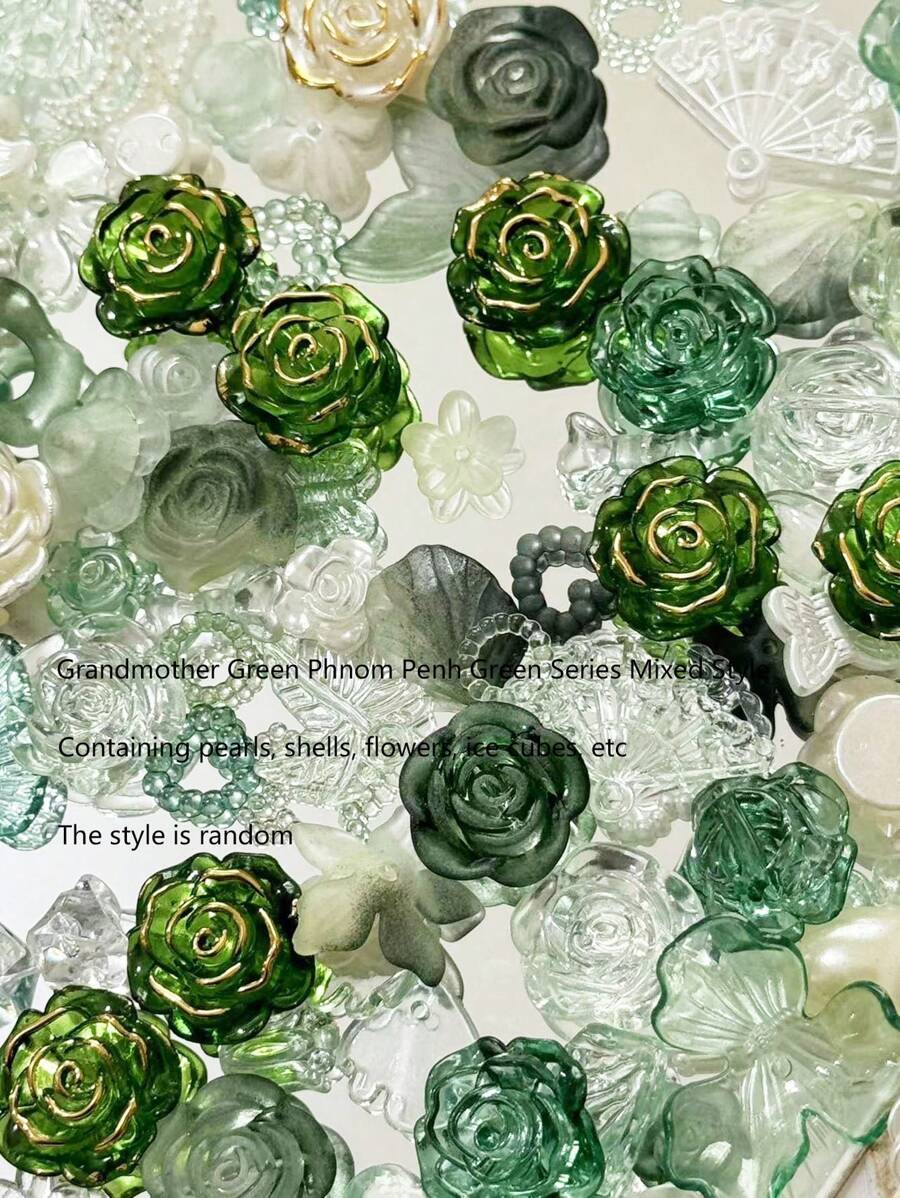 Eine Tasche mit 70g Großmutter Grün Gold kantigen grünen Rosen Gemisch, Bogen, Faux Perle DIY Armband, Handy-Hülle, Halskette, Schmuck, hausgemachte Geschenke für Freunde, perforierte Multifunktions-Schmuck und dekorative Requisiten können als Rahmen-Dekoration verwendet werden.