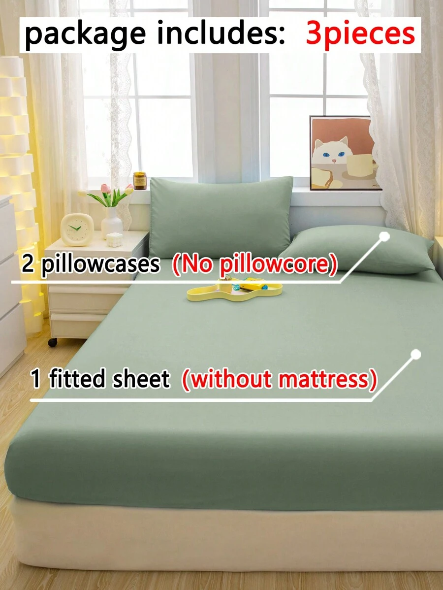 3pcs Olive Green Brushed Bedding Set, Soft And Comfortable Bedroom, Guest Room And Dormitory Bedding Cover Set (1 Fitted Sheet & 2 Pillowcases)