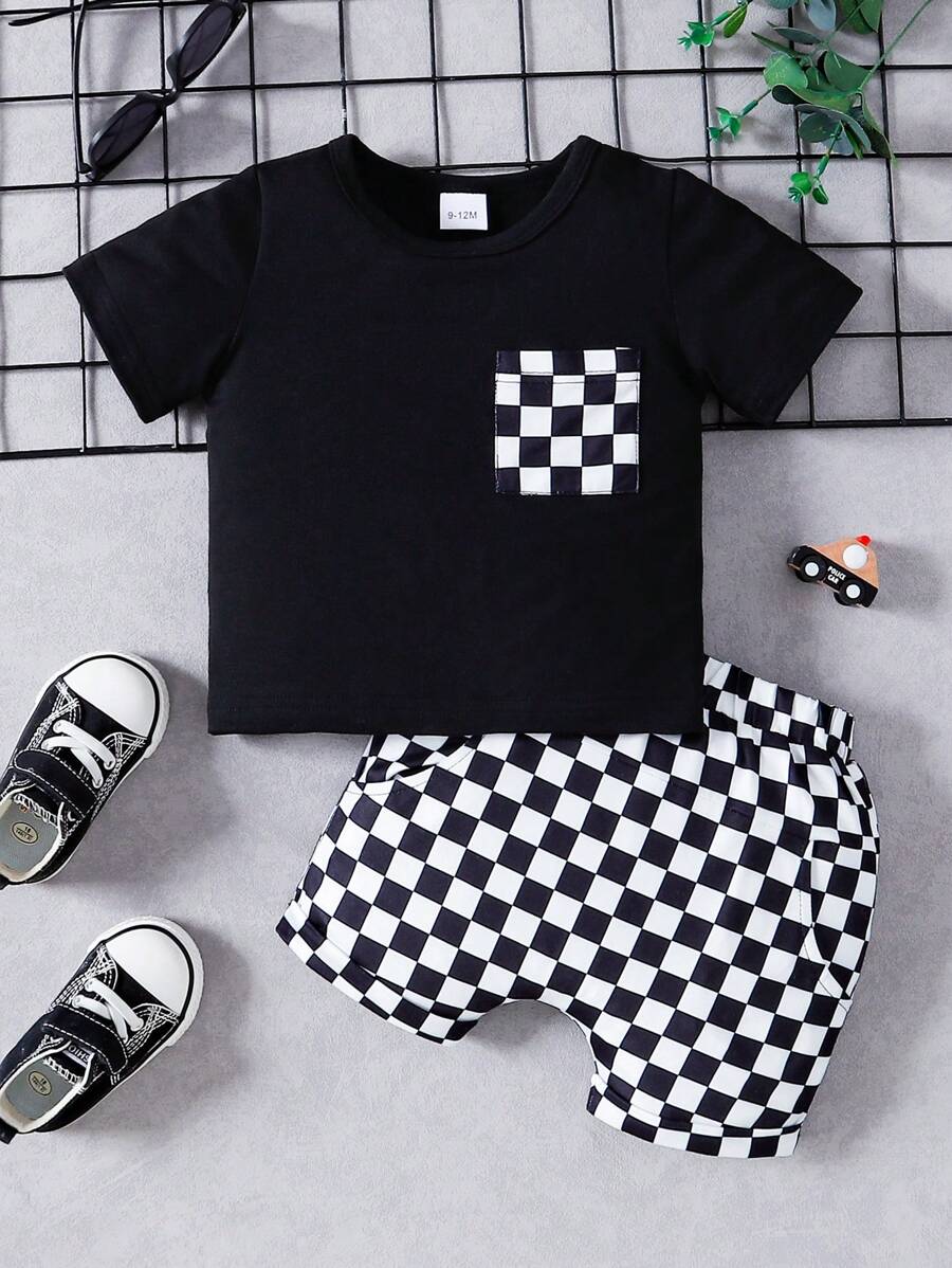 Baby Boy 2pcs Pocket Short Sleeve Top And Black & White Plaid Shorts Simple Fashionable Outfit Spring & Summer, For Christmas