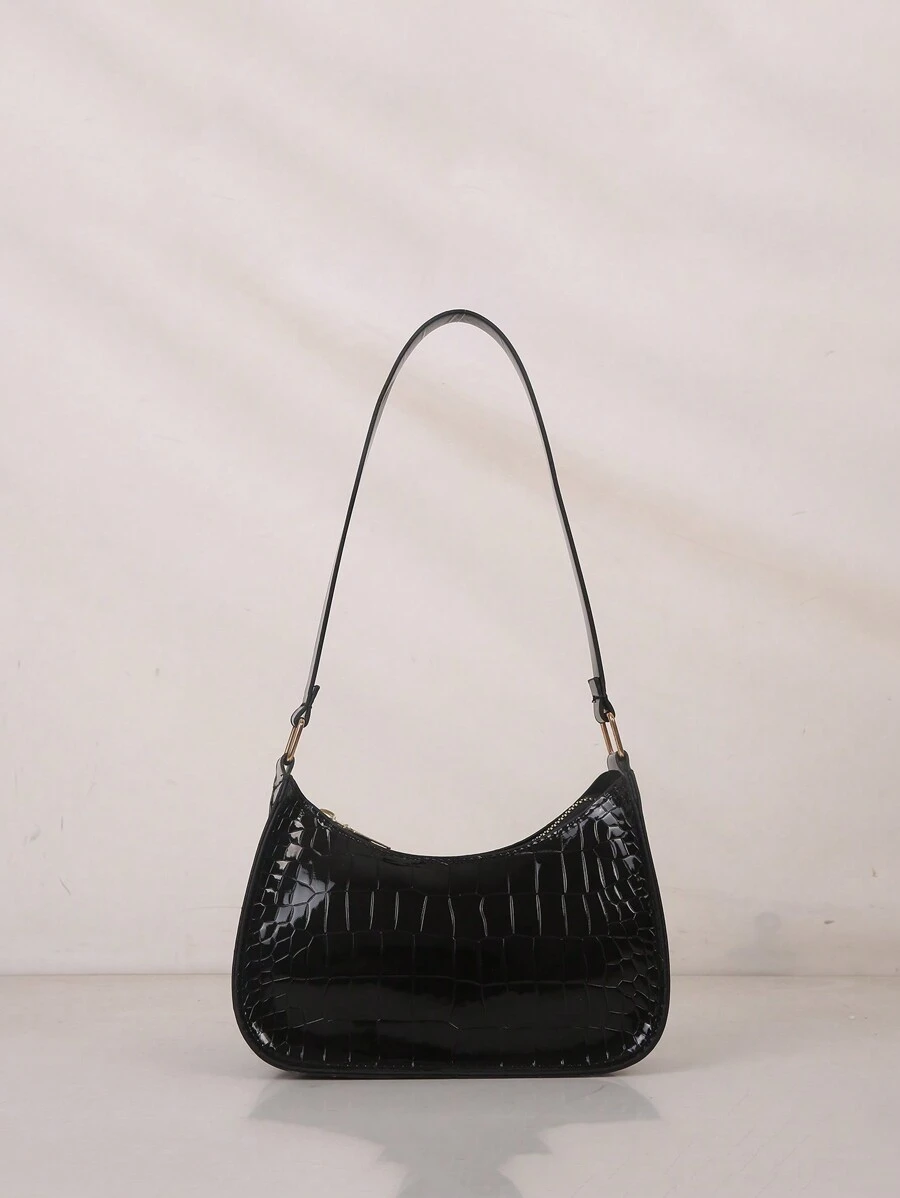 1pc Mini Solid Color Versatile Crocodile Embossed PU Zipper Closure Underarm Bag, Suitable For Daily Use (Note: Scratches On Glossy Items Are Unavoidable, Please Purchase Carefully)