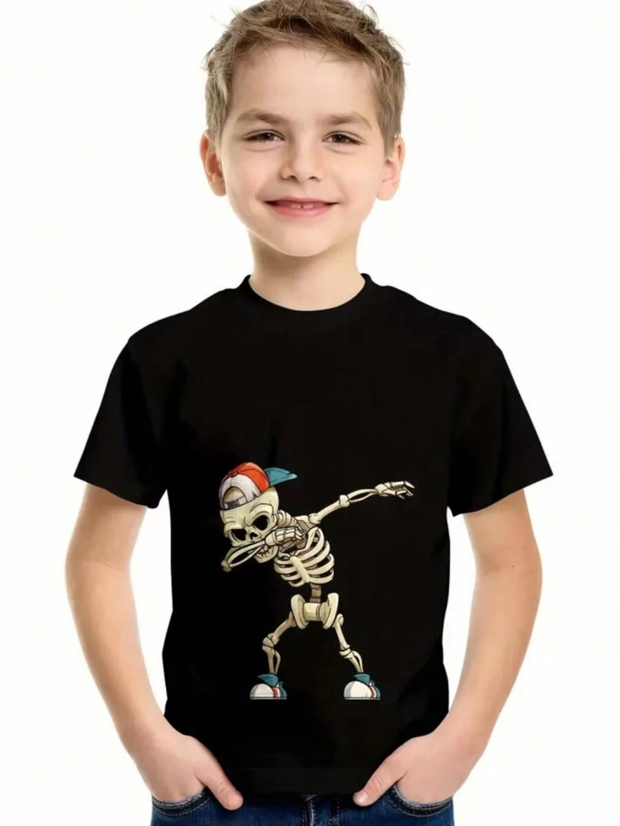Camiseta de manga corta con estampado de esqueleto en pose de moda para niño preadolescente, adecuada para niños de 7 a 14 años