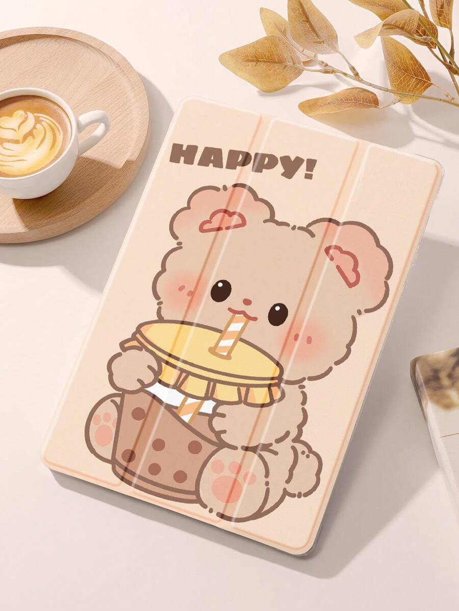 1pc Cartoon Pattern Tablet Case For Drinking Bubble Milk Tea Shaped As Bear, With Pen Slot, Drop-Proof, Sleep/Wake Up Function, Compatible With Samsung, Huawei, Xiaomi And Ipad