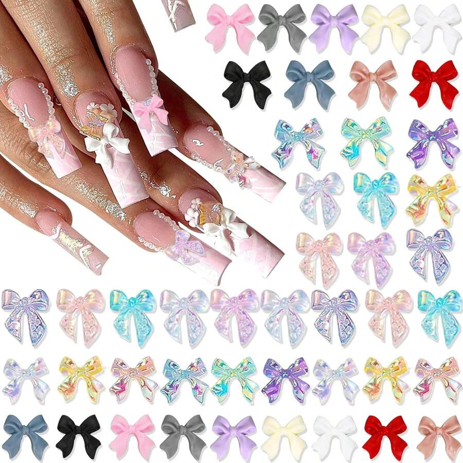 200PCS Bow Nail Charms 3D Resin Flatback Bowknot Charms For Acrylic Nails Design Cute Kawaii Ornament Nail Decoration Accessories For Women's Manicure DIY Nail Supplies Nail Gems
