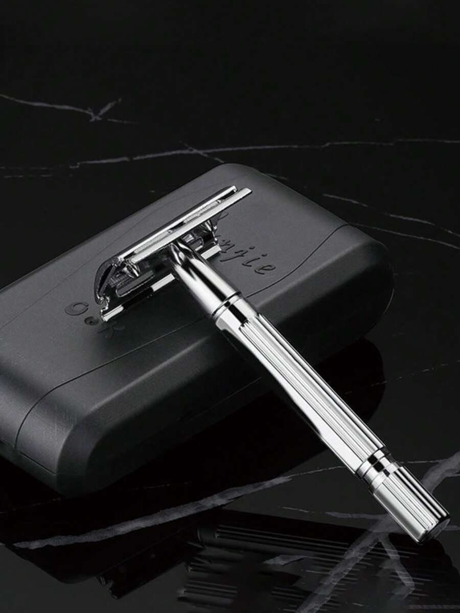 1pc Vintage Manual Double-Sided Razor With Brush And Mirror Case, Comes With Blades, Extra Long Metal Handle, Ideal For Export