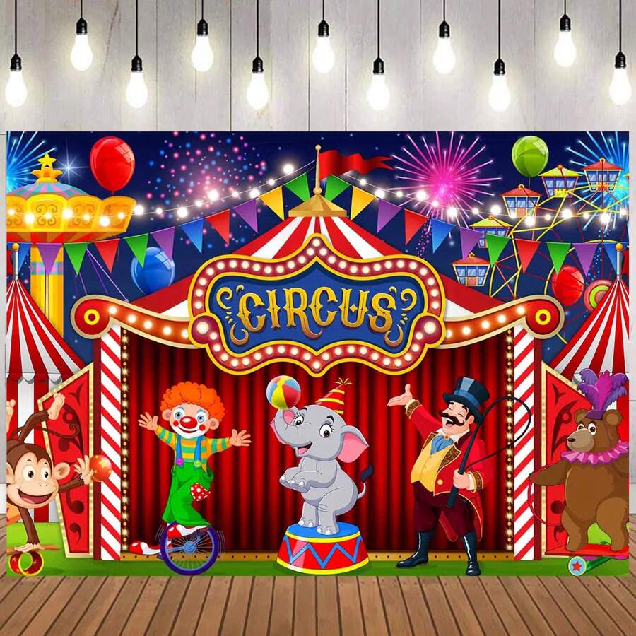 1pc Circus Theme Background Cloth 210*150/150*100/100*75cm Clown & Elephant Cartoon Backdrop Banner For Boy Girl Birthday Decoration, Bathroom, Bedroom, Wall, Cake Table Decoration, Photography Backdrop Decoration