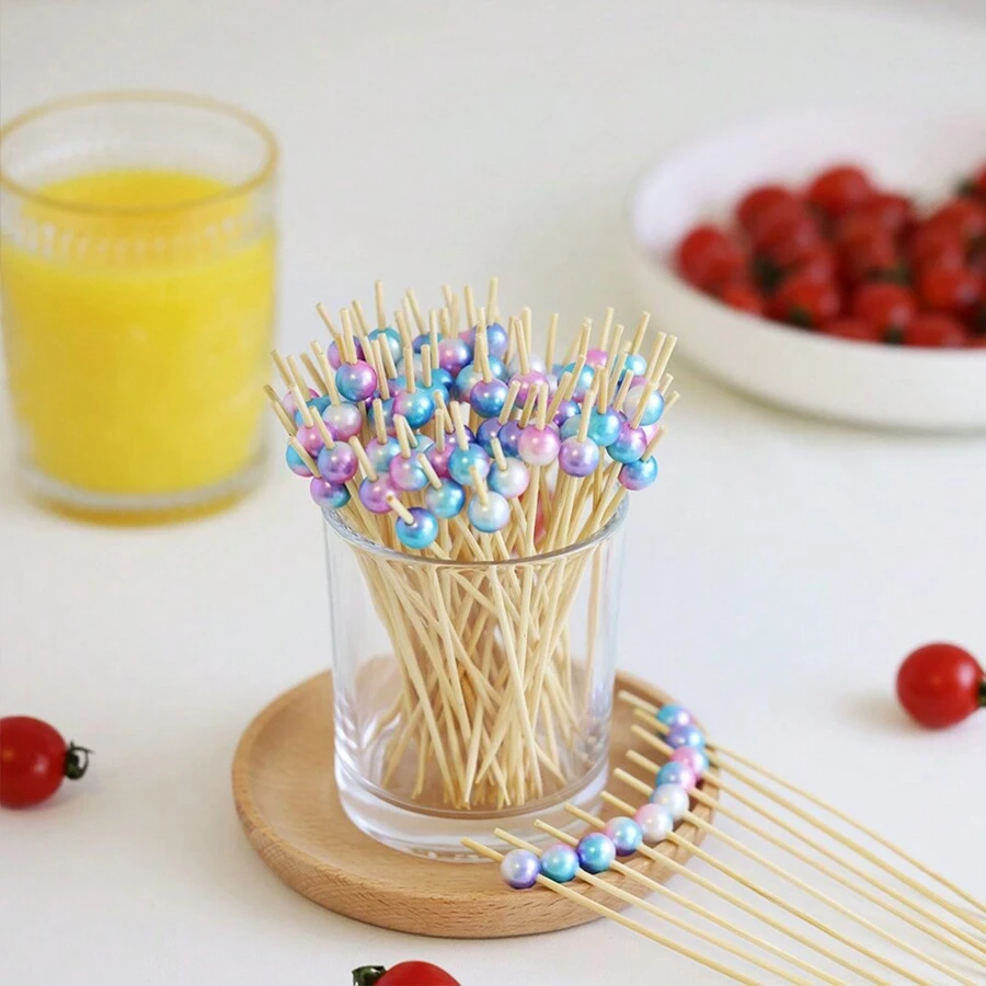 50 Stück/100 Stück/200 Stück Bambus Stäbchen mit Perlenverlauf, Einweg Obst Gabel, kreative Fancy Cocktail Sushi Stäbchen für Ferien, Partys