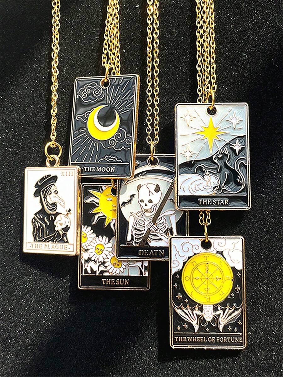 1pc Punk Star, Sun, Moon Drip Oil Square Pendant Necklace Stainless Steel Chain, Unisex