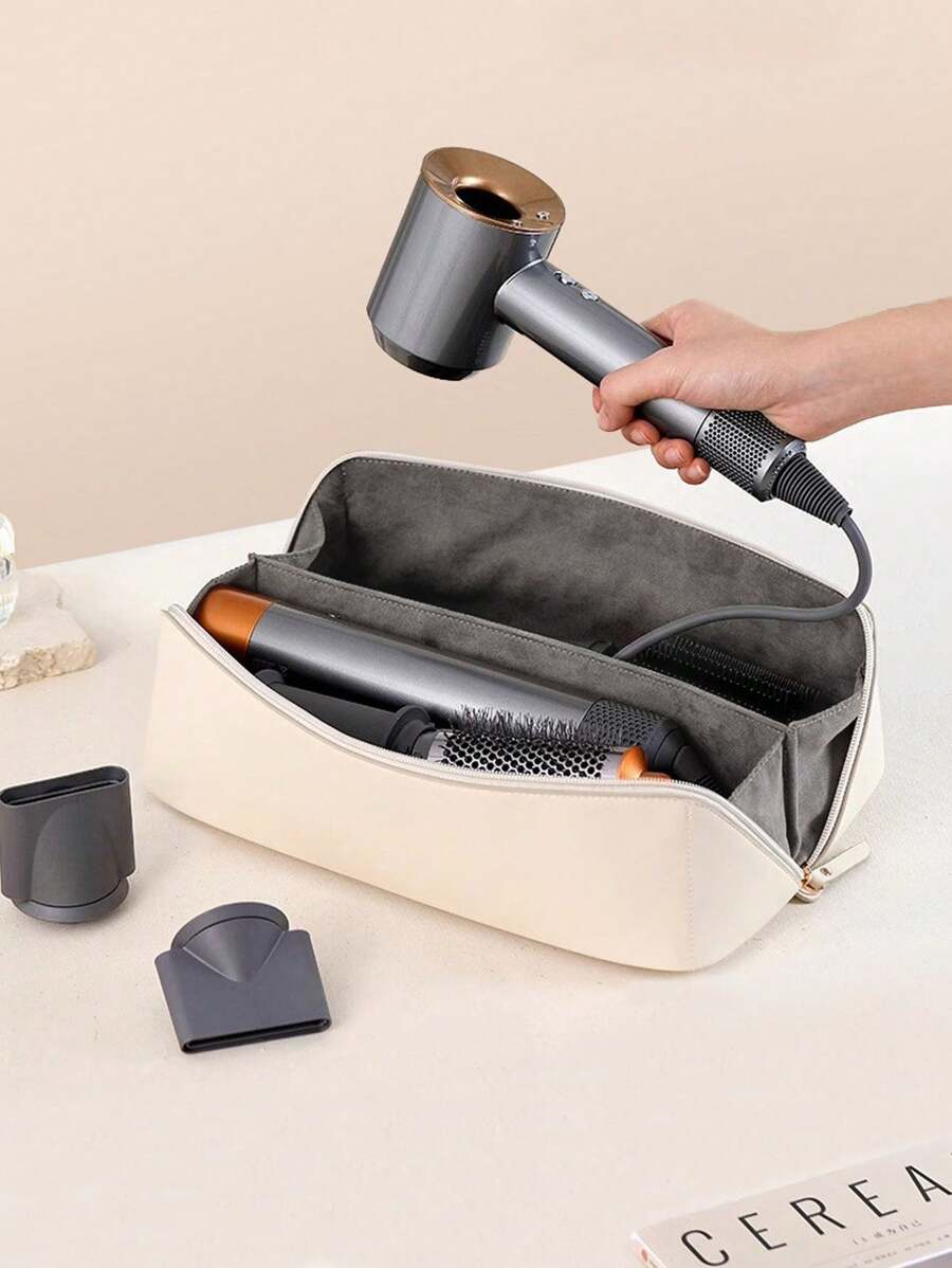 1 pieza Bolsa de almacenamiento en forma de almohada para secador de pelo, bolsa de almacenamiento portátil de PU a prueba de polvo para secador de pelo sin hojas, rizador, hierro rizador, para viajes, con compartimentos para cosméticos, útiles escolares y artículos de aseo.