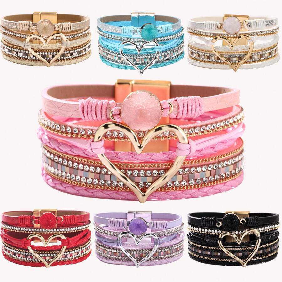 Pulsera envolvente estilo bohemio con dije en forma de corazón y cierre magnético, apta para uso diario - sin material de mosaico - regalo perfecto para Pascua, San Valentín, mamá, madre, Día de la Madre