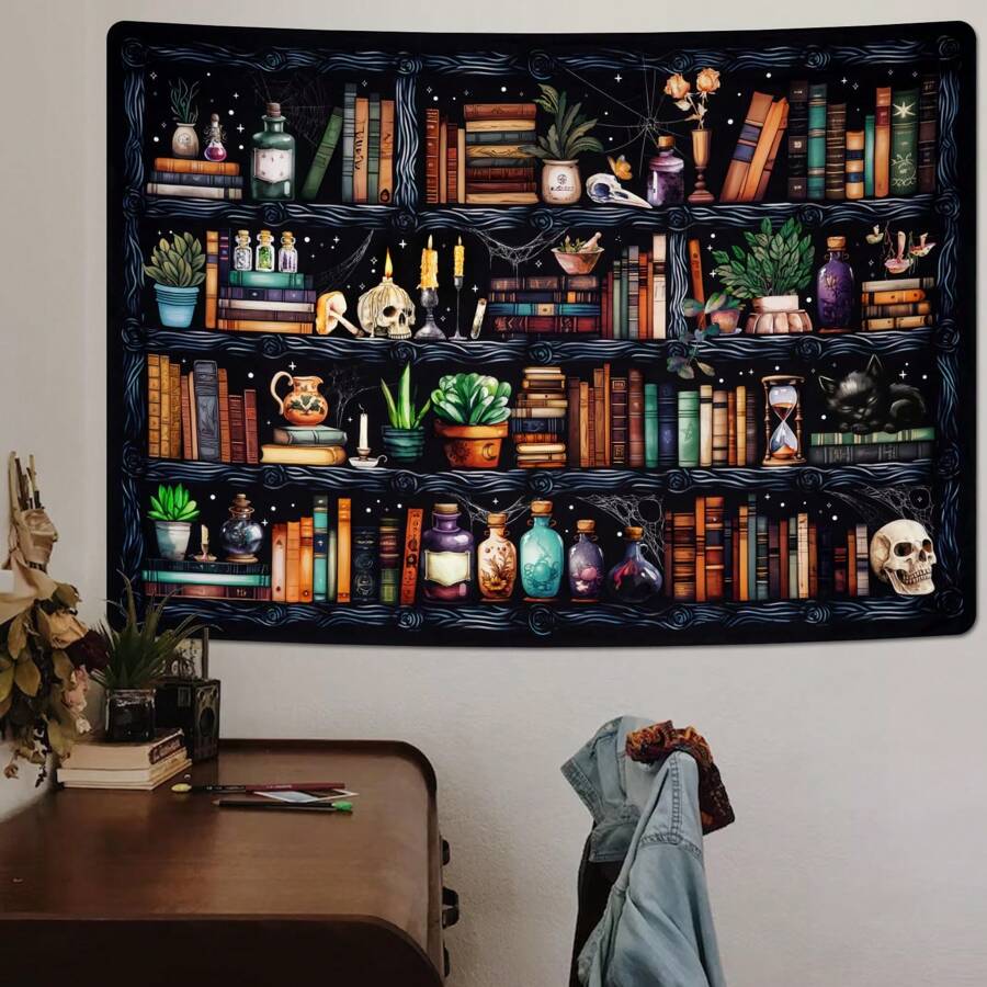 1pc Bookshelf Tapestry Magical Book Tapestryes Goth Skull Tapestry Vintage Botanical Tapestry Black Cat Wall Tapestry Hanging For Bedroom Home Decor, Flag For Room, Room Decor, Tapestry, Wall Decor, Wall Art ,Room Stuffs, Flags For Room, Tapestri