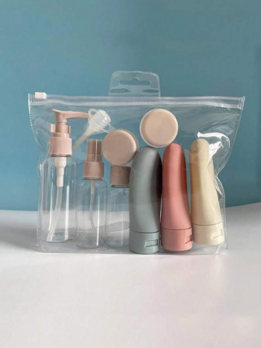 1 Conjunto Estojo de Viagem - Conjunto de 11 Peças de Garrafas Plásticas Recarregáveis para Maquiagem, Loção, Tônico, Shampoo, Borrifador, Gel de Banho, Recipientes Líquidos Cosméticos Vazios, Ferramentas Portáteis para Rechear, Estojo de Viagem, Kit de Garrafas de Viagem, Essenciais de Armazenamento de Maquiagem de Viagem, Essenciais de Viagem para Estudantes, Com Vibes Boêmios, Para Férias na Praia, Coleção de Banheiro, Coleção de Quarto, Grande Capacidade
