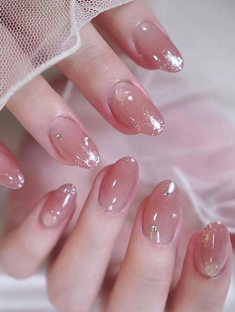 24pcs/Set Short Elliptical Shaped French Gradient Holographic False Nails With Rhinestones For Diy Nail Art, Suitable For Students, Women And Party Occasions Press On Nails Nail Supplies