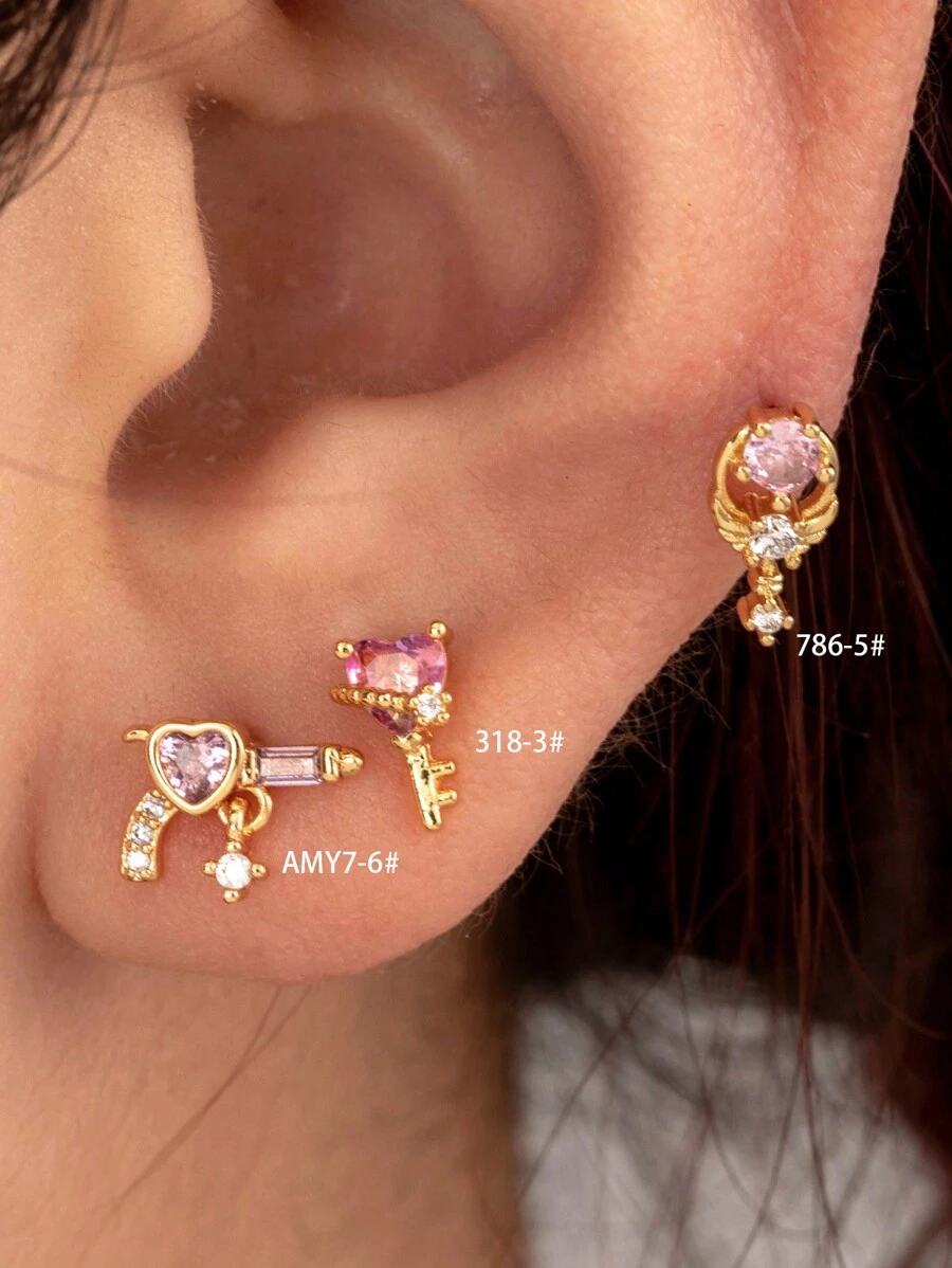 Toppiercing 1pc Fashionable Copper Inlaid Rhinestone Heart Key & Gun Shape Tragus Piercing Stud With Stainless Steel Bar Valentines,Mom,Mother,Mother's Day,Gift