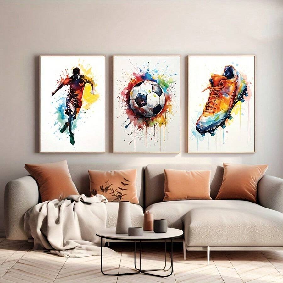 3pcs Bez Ramki Płótna Poster Abstrakcyjny Piłka nożna Sportowiec Sztuka ścienna Nowoczesny Akwarela Piłka nożna Nadruk Idealny Prezent Dla Sypialnia Dekoracje Salon Dekoracje Rama