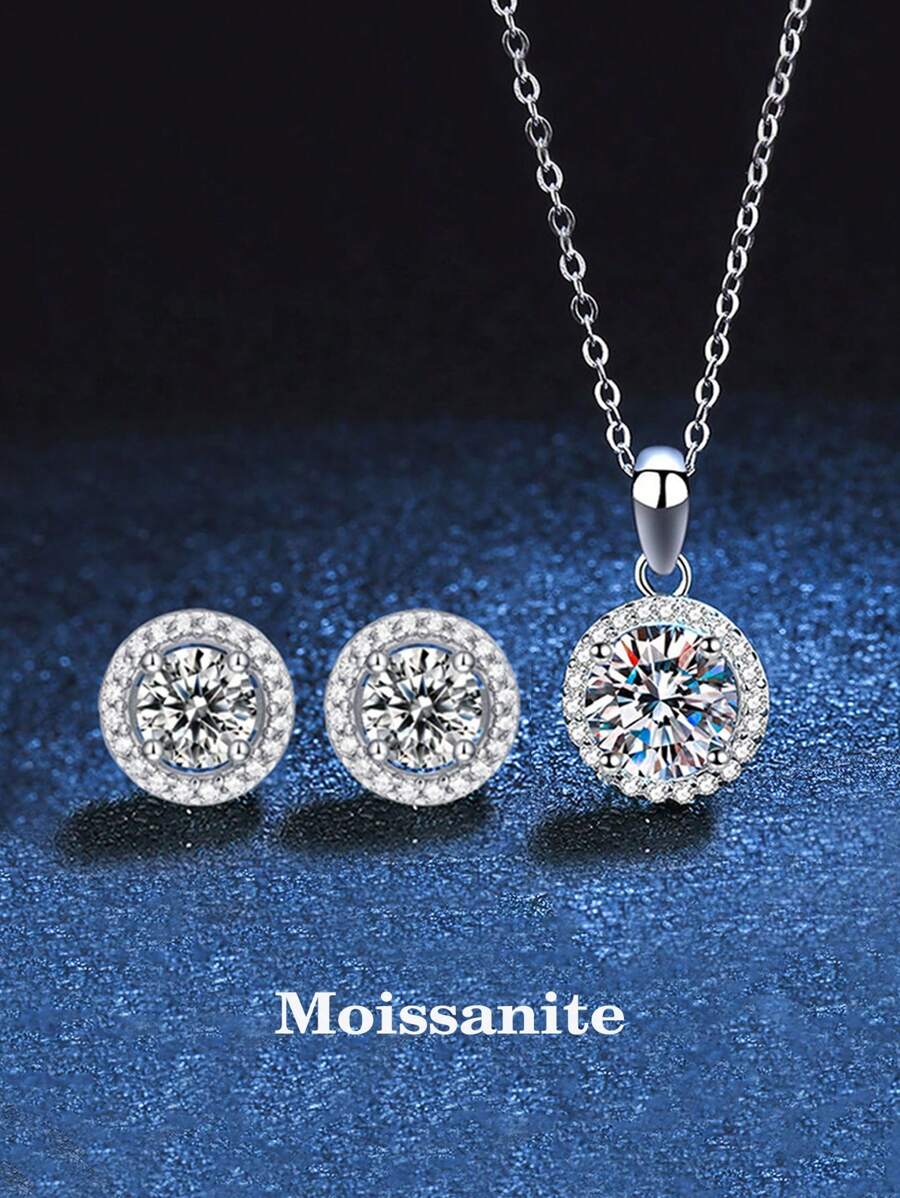 3pcs Elegant And Luxurious 925 Silver Moissanite 50 Points Single Earring & 50 Points Necklace Set Suitable For Women's Daily Wear, Party, Commute, And Jewelry Gift Wedding Engagement Bridal Jewelry Rhinestone Rhinestone Jewelry Sets