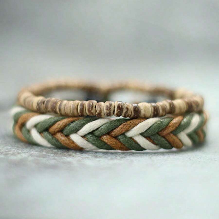 diffone 2 Pcs/Set Boho Hand Braided Rope Bracelet Antique Wood Stone Beads Bracelet For Men Armband Bracelet Pulserira