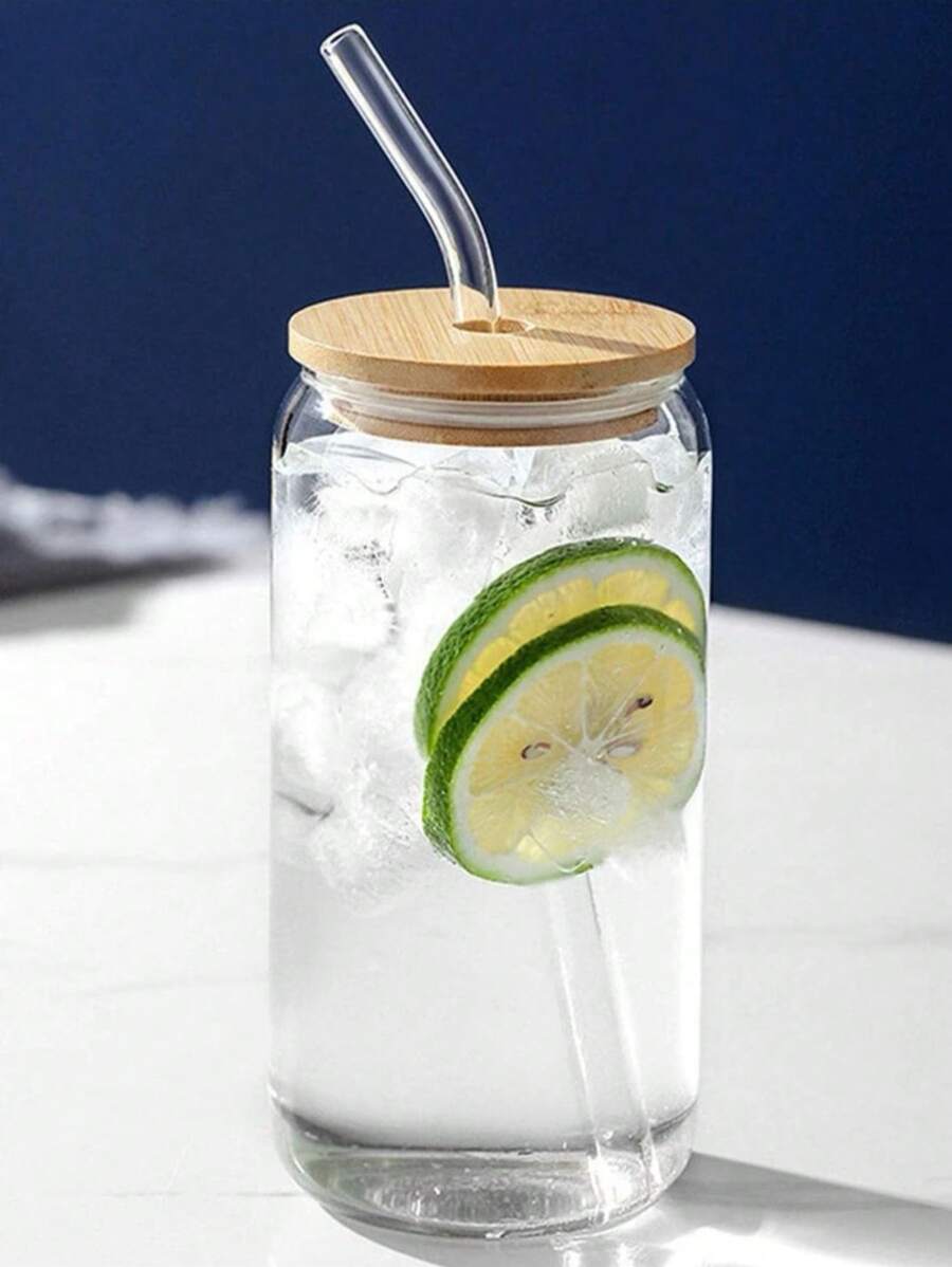 1 pieza de 400/550 ml de vidrio resistente al calor, con tapa, pajita, taza plana, para café, té con leche, jugo, adecuada para uso doméstico o en la oficina