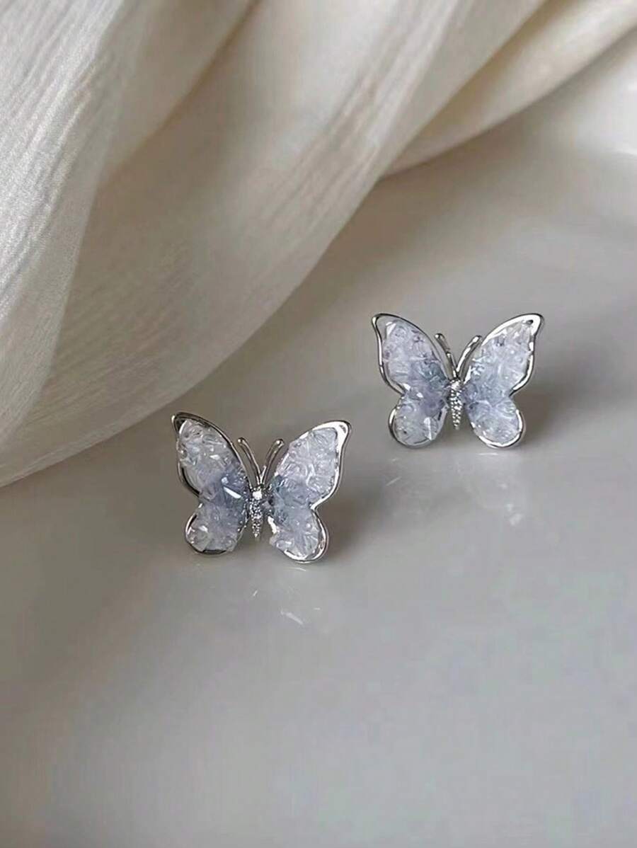 1pc Skc Gradient Blue Crystal Butterfly Stud Earring For Women, 2024 New Arrival Unique Design Fashionable Light Luxury & Elegant Ear Jewelry