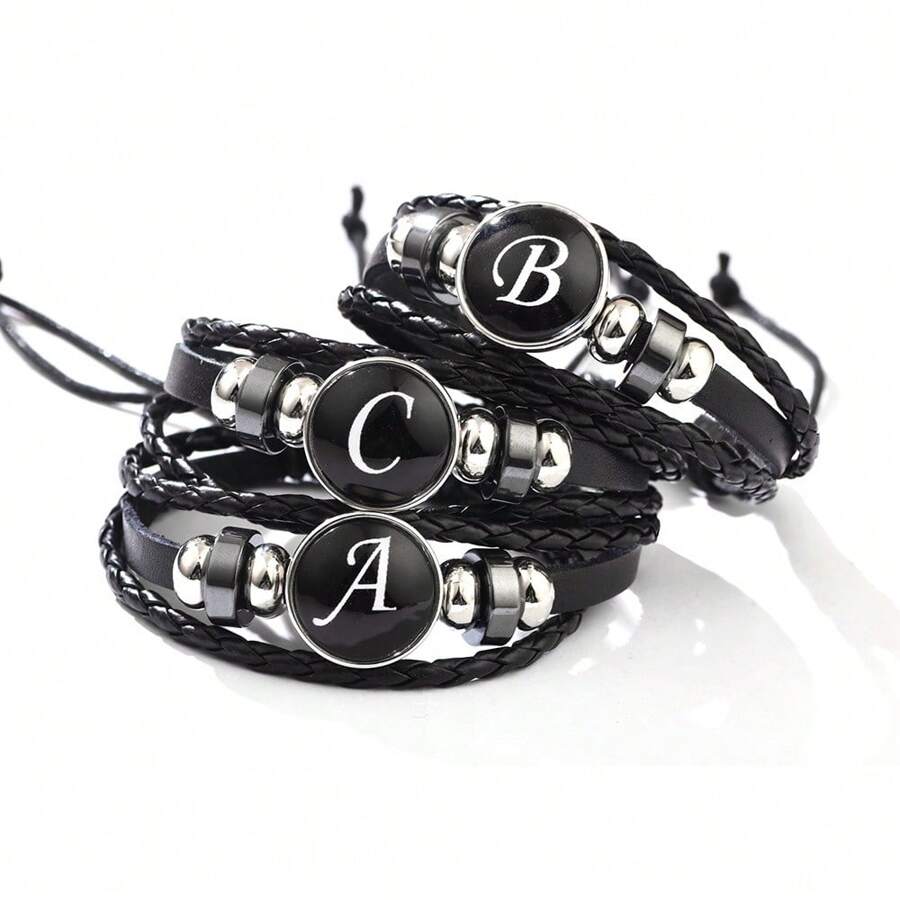 suteyi Personalized Alphabet PU Leather Bracelet, Handmade & Stylish, Glass Beads, Plated White K, Comfortable & Gift For Ages 15+