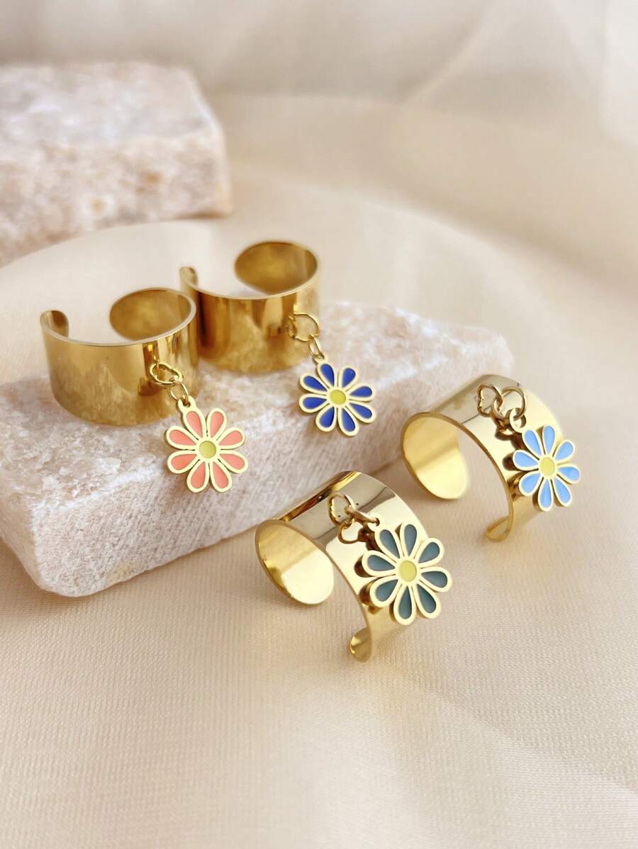 1pc Summer Style Flower Pendant Ring, Stainless Steel 18k Gold-Plated Open Ring For Women, Fashionable High-End Party Accessories Gift