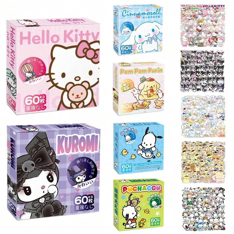Sanrio 60Pcs/Box Small Hello Kitty Kuromi Cinnamoroll Pochacco Stickers DIY Laptop Phone Diary Cute Cartoon Kitty Cat Sticker(Some Parts May Be Random)(New And Old Packaging Random)