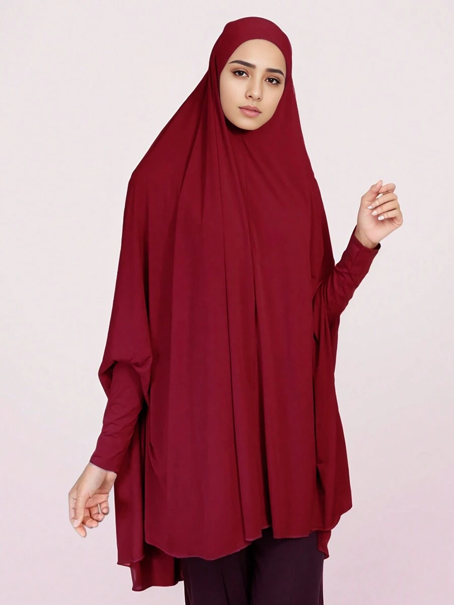1pc Fashionable Hooded Solid Color Gown With Batwing Sleeves And Big Hem For Abaya Accessories Daily Under Cap