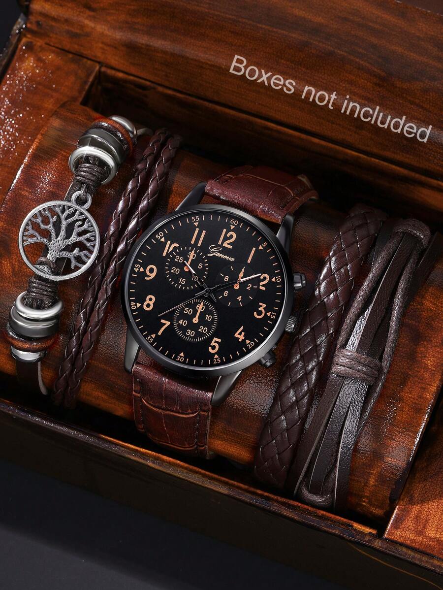 4 Peças/Conjunto Relógio Masculino com Pulseira de Couro PU Marrom, Mostrador Redondo Casual e Ponteiro de Quartzo, Com Acessórios de Cordão de Couro, Adequado para Uso Diário, Temporada de Volta às Aulas, Temporada de Formatura, Ação de Graças, Casais, O Melhor Presente (Caixa de Relógio Não Incluída)