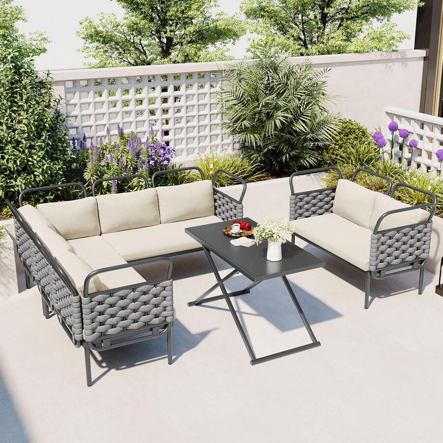 Nestfair 5-Piece Modern Patio Sectional Sofa Set With Glass Table And Cushions