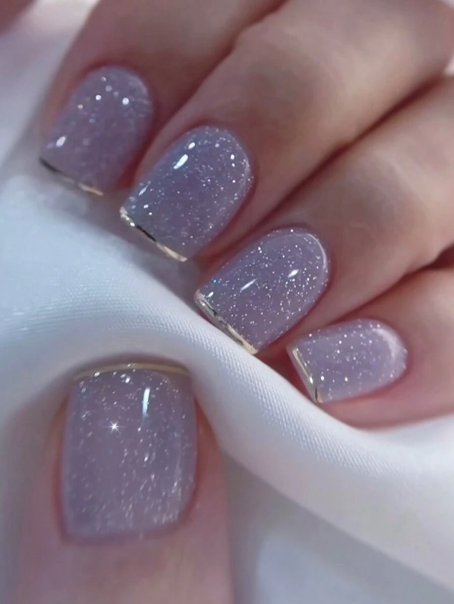Minimalism Purple French Temptation Style, Fresh, Fashionable, Elegant, Sparkling Pink Solid Color 24pcs Short Square-Shaped False Nails Set For Office Ladies, Daily Wear, Dating, And Tea Parties Press On Nails