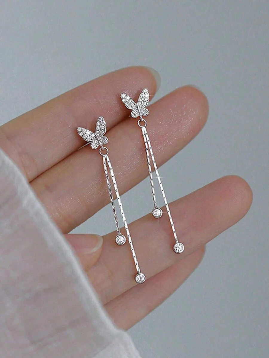 Esberry 1 Pair S925 Sterling Silver Elegant Exquisite Butterfly Tassel Cubic Zirconia Dangle Earrings For Women Fine Jewelry Gift Birthday Gifts Party Gifts Holiday Gifts Daily Wear
