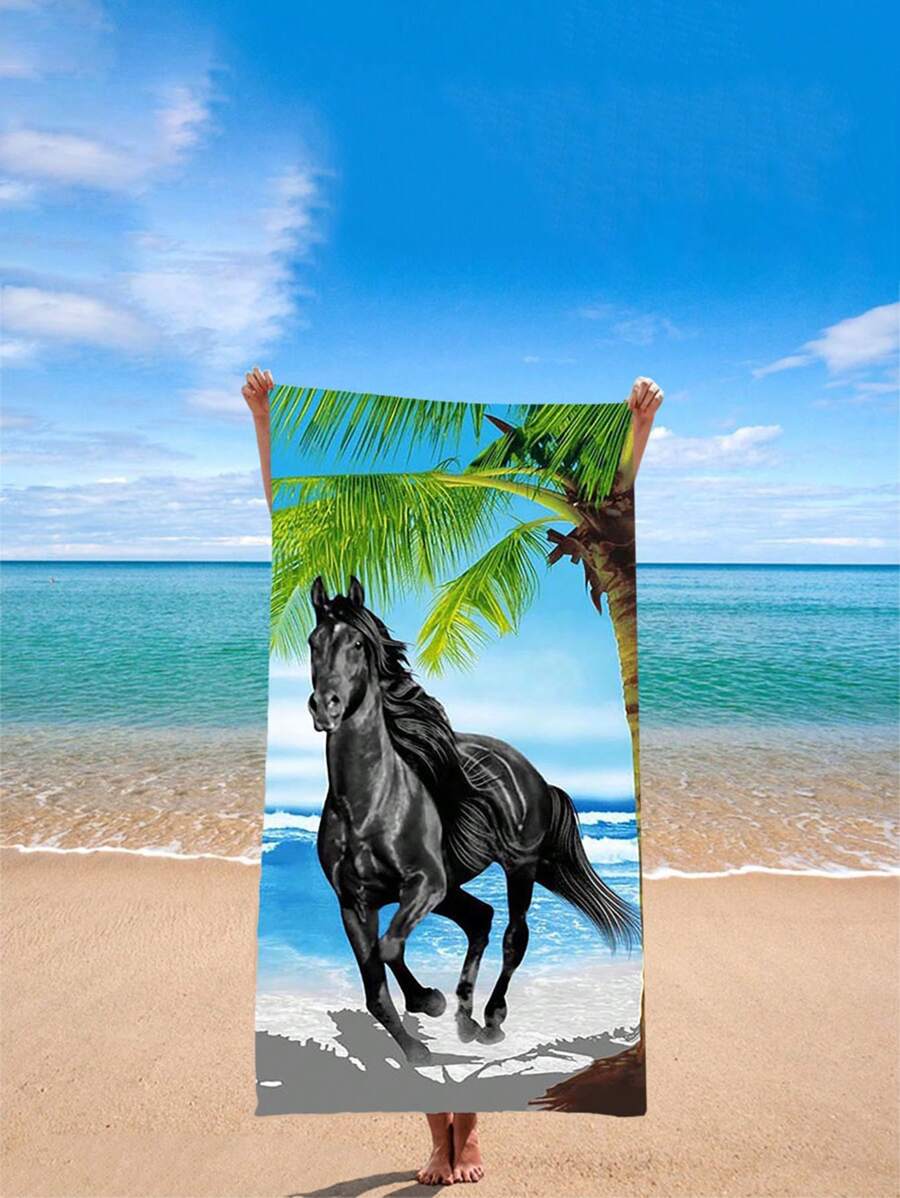 1 stuk ademende extra grote strandhanddoek, zachte en lichtgewicht snel drogende badhanddoek met zwart paardenpatroon, superabsorberend badkamerdecor voor thuis, zomer, terug naar school, schoonheidssalon, thuis, badkamer