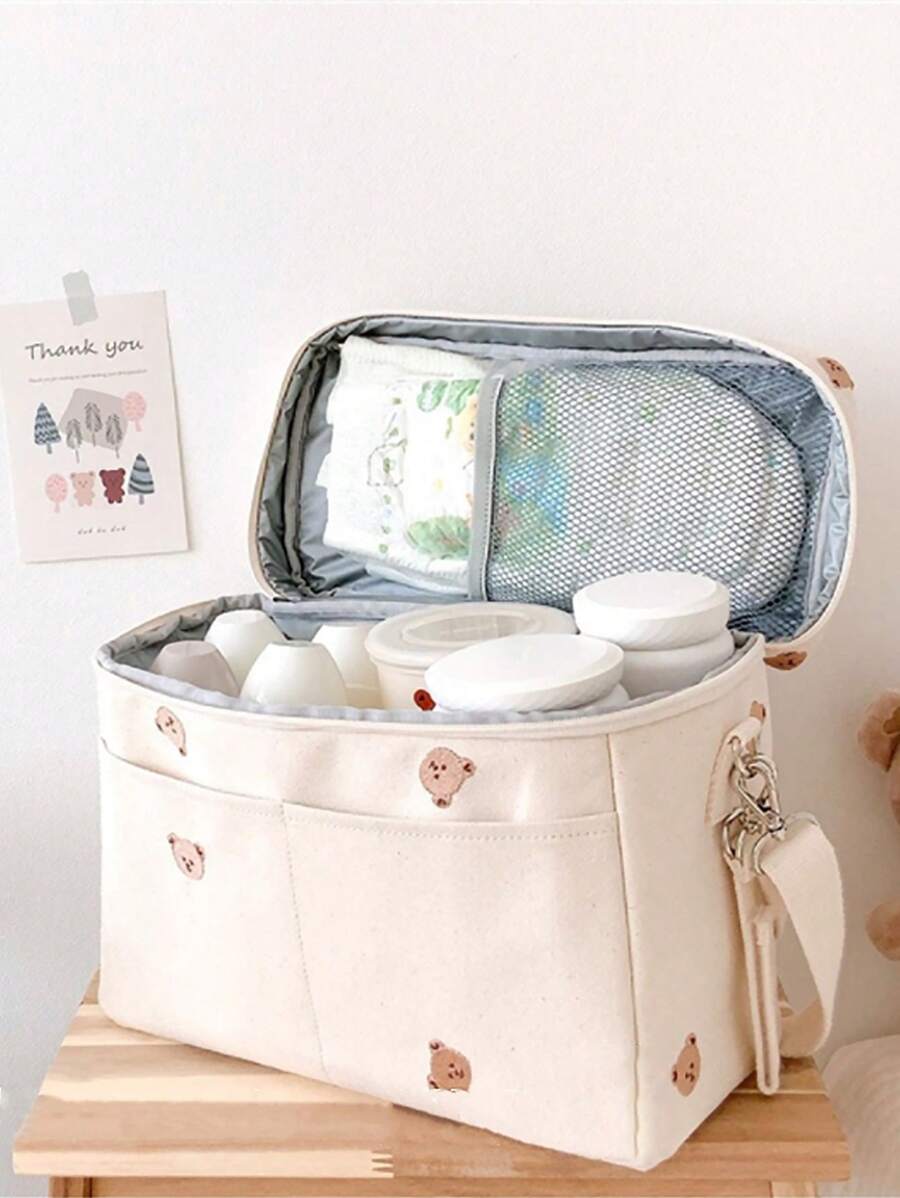Embroidered Bear Insulated Thermal Bag, Stroller Organizer, Mommy Bag School Supplies School Accessories Back To School University Students Holiday Summer Festival Vacation School Bag Lunch Tote Bag Cooler Box Storage Bag Women Cute Lunch Pack Tiffin Bag Large Capacity Lunch Bag Woman Lunch Box Bag For Women Ladies Bag For School School Stuff