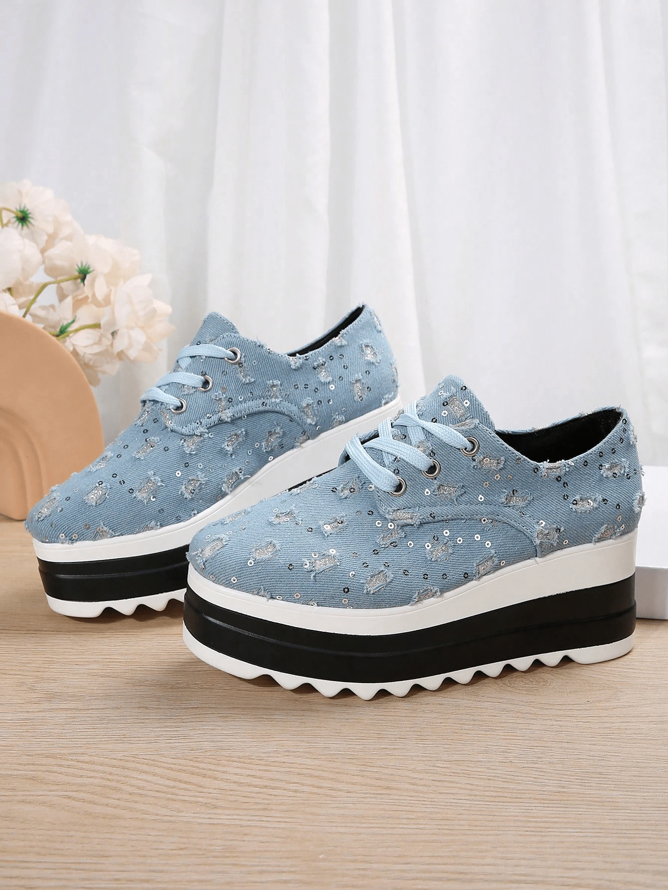 Women's Thick Bottom Low-Cut Shoes, Spring/Summer Fashion Light Blue Wedge Heel Flat Casual Shoes