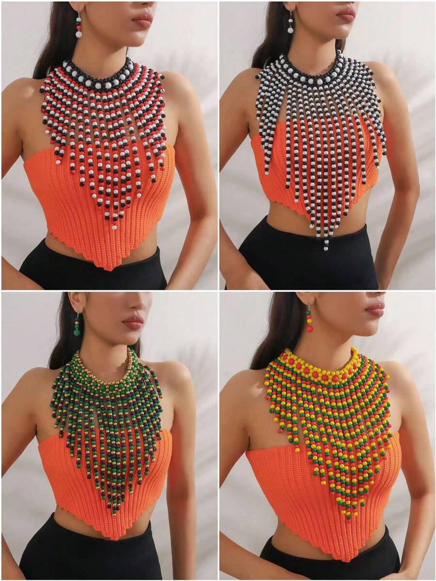 3pcs/Set Multilayer Beaded Design Woman Necklace With , Retro, Vacation Style