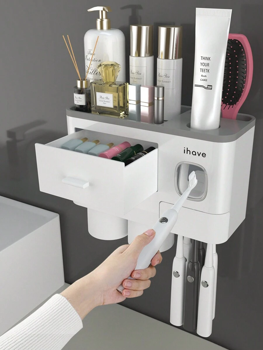 J'ai des porte-brosses à dents pour salles de bain, 2 tasses porte-brosse à dents montées au mur avec distributeur de dentifrice - plateau grande capacité, tiroir cosmétique - décoration de salle de bain et accessoires de salle de bain, décoration d'automne, rentrée scolaire