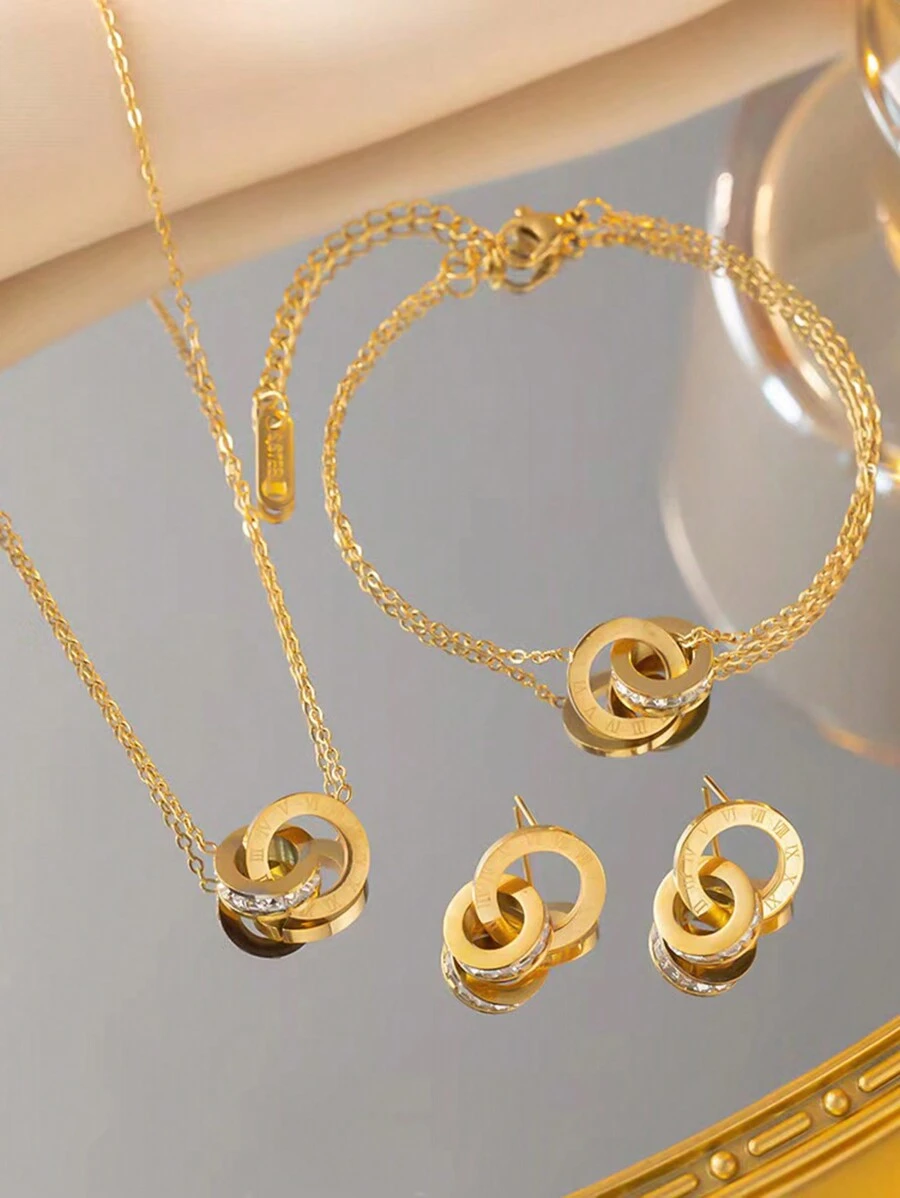 1set Stainless Steel Korean Style Simple Elegant Luxury Niche Design Ins Roman Numeral Rhinestone Inlay Necklace Set, Suitable For Daily Wear For Women