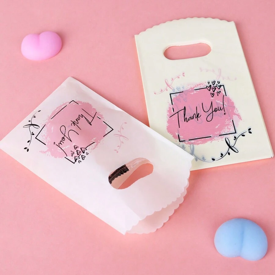 Set de 45 bolsas de regalo de plástico con rayas pequeñas, con asa y estampado de "Gracias" para el empaquetado de joyería, vuelta al colegio, Día de San Valentín