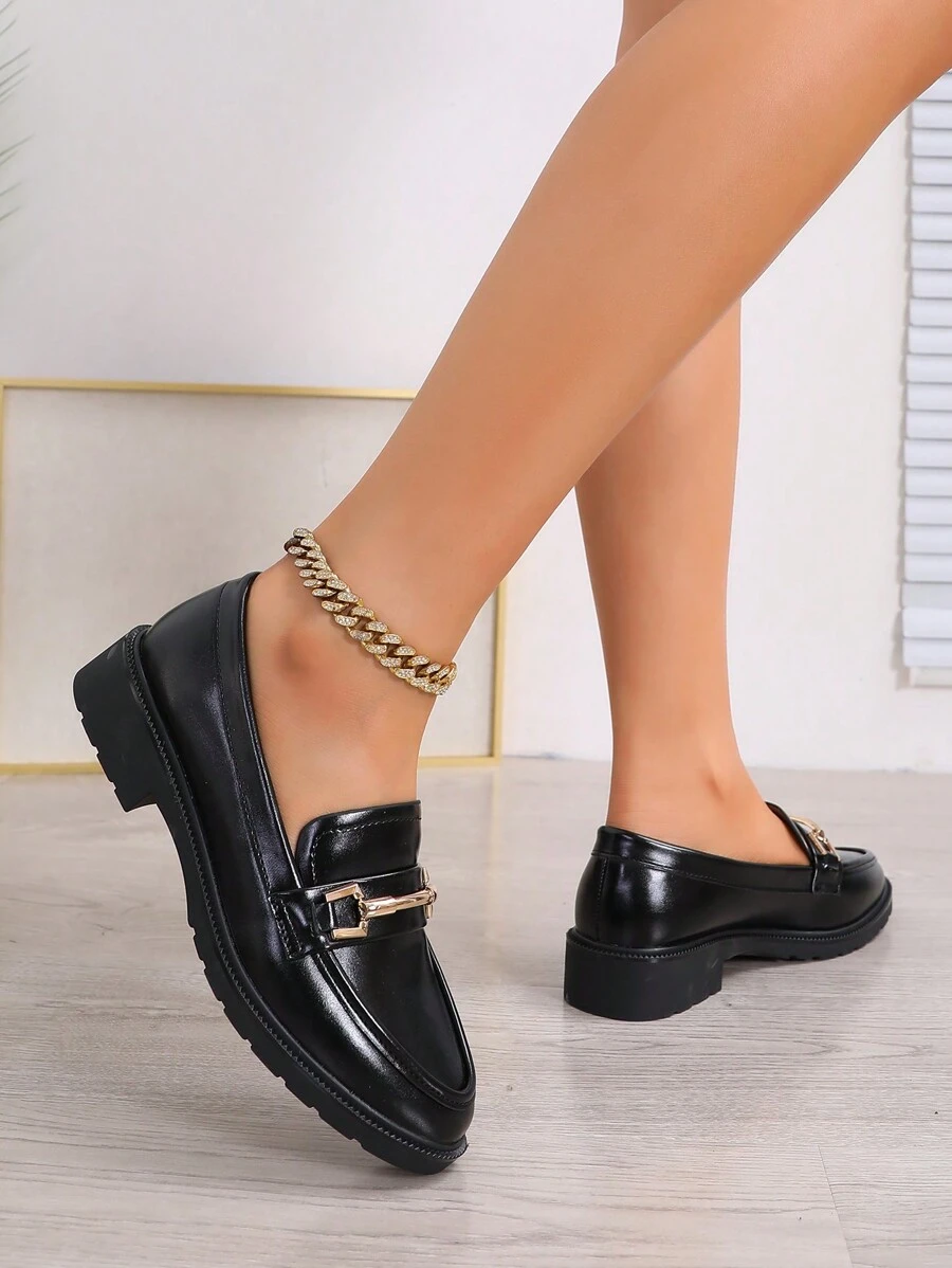 Nuevos Mocasines De Estilo Británico Para Mujeres Con Hebilla De Metal, Punta Redonda, Tacón Plano/grueso, Zapatos Versátiles Para Trabajar
